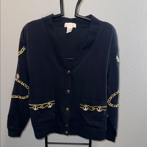 Tara Vanessa Sweaters - Nautical Vintage Navy Blue Embroidered Chain-Detail Cardigan Sweater🪝⚓️⛵️